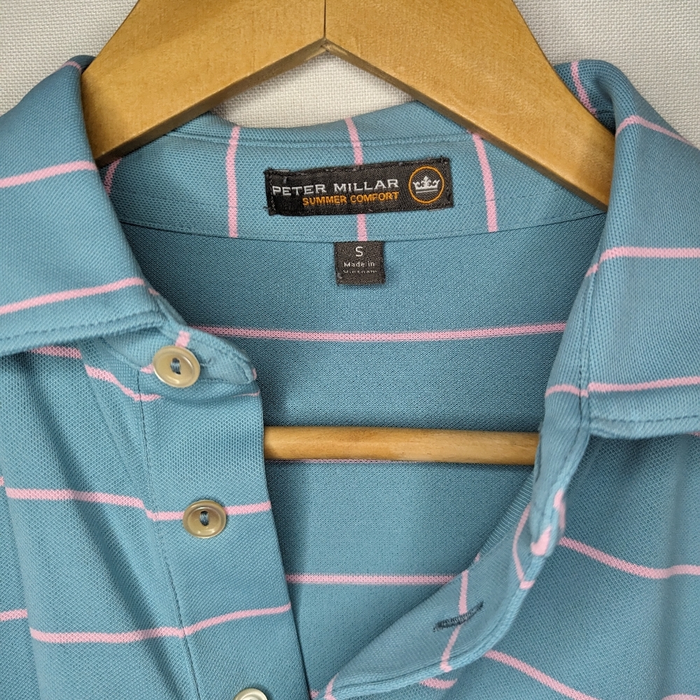 Peter Millar Summer Comfort Mens Sz Small Golf Polo Shirt Blue Pink Striped - Picture 5 of 8